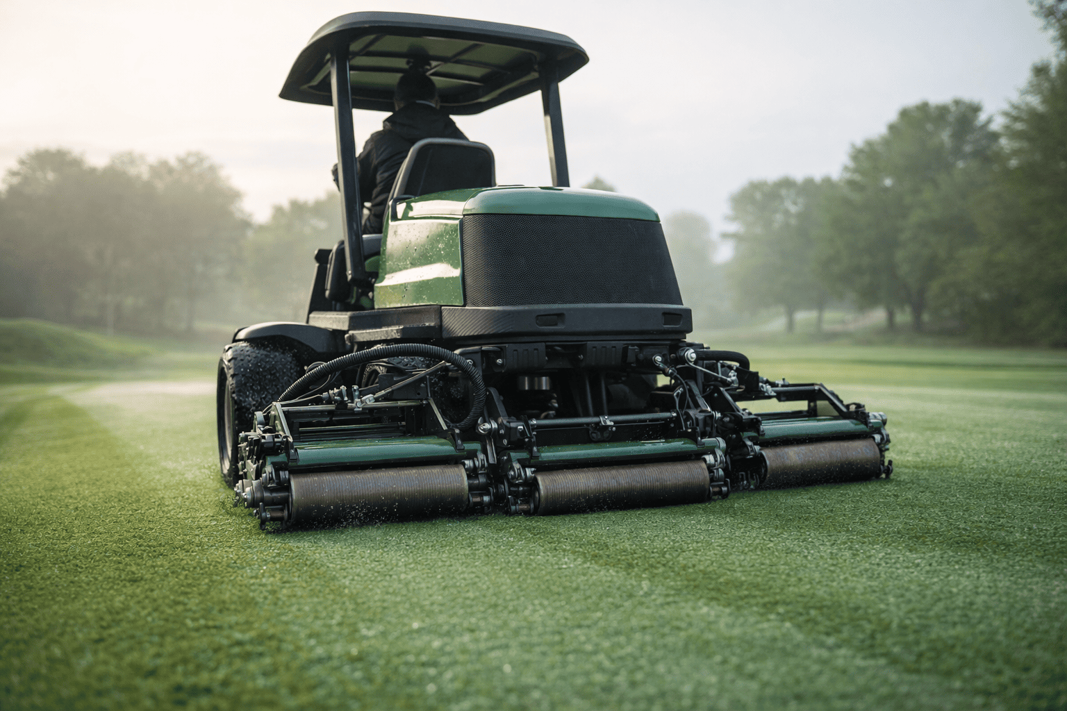 Tondeuse à rouleaux sur terrain de golf humide au petit matin avec rosée