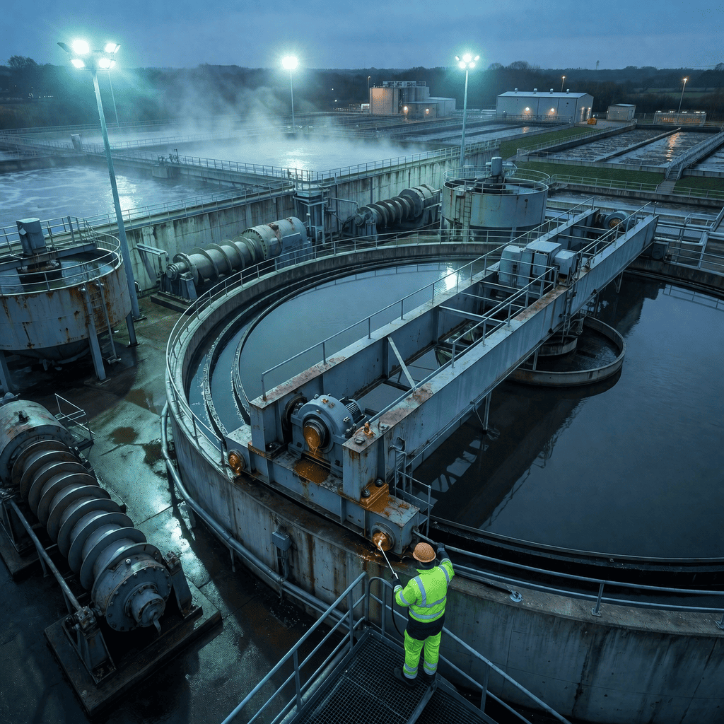 Station de traitement des eaux usées avec bassin de décantation et équipements industriels en environnement humide