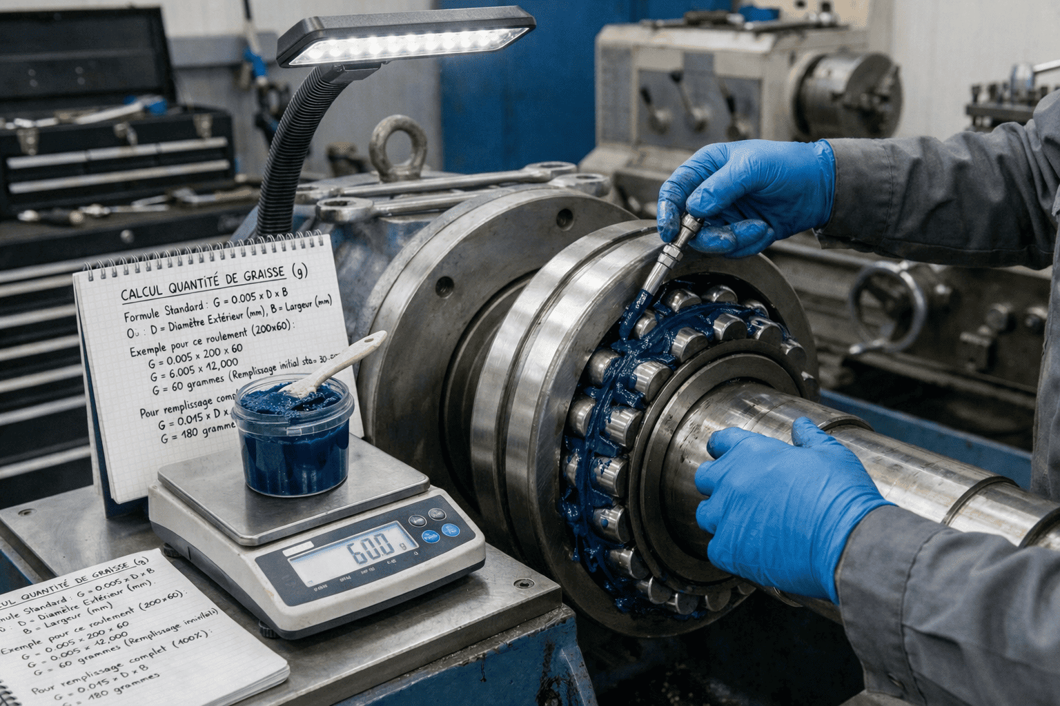 Calcul de la quantité de graisse dans un roulement industriel avec application précise sur palier