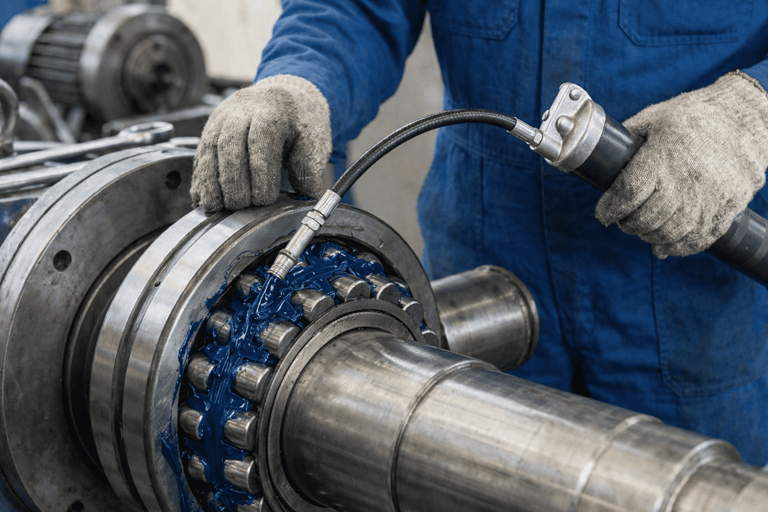 Application de graisse industrielle bleue dans un roulement avec pistolet de lubrification