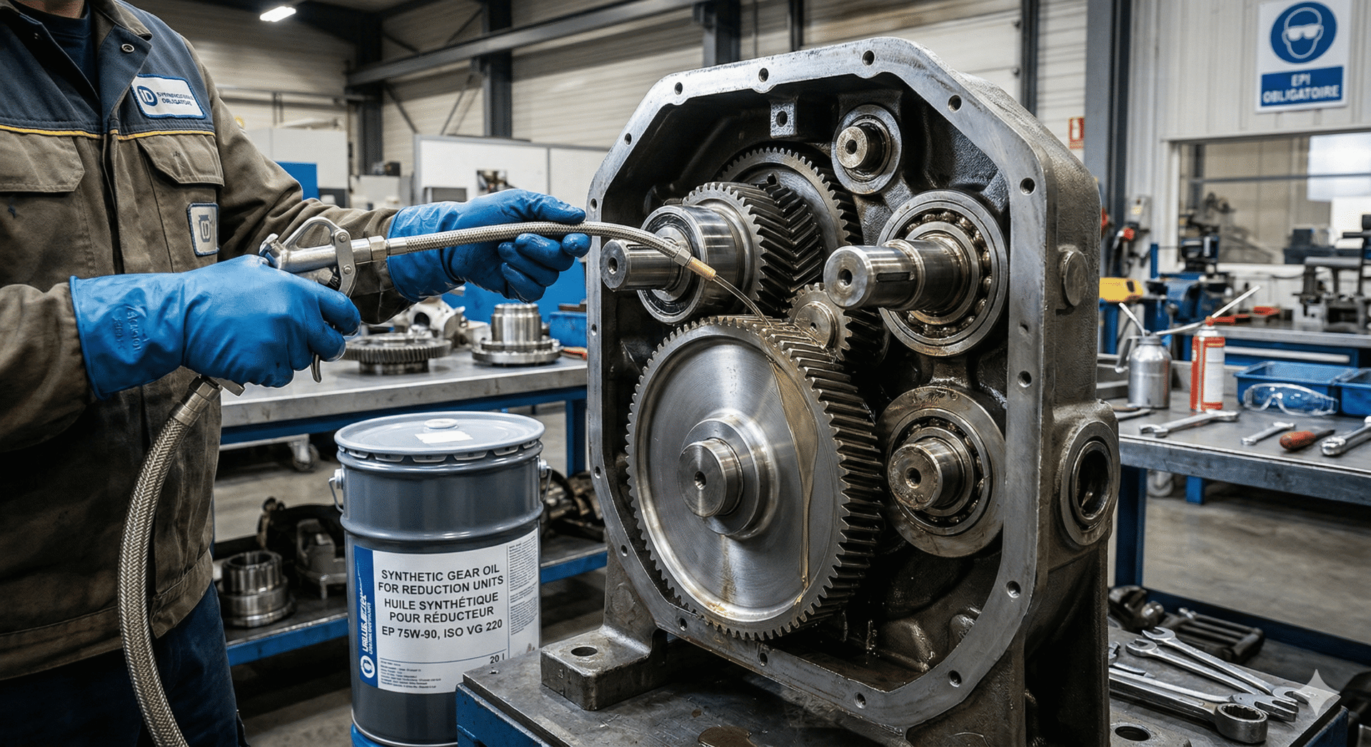 lubrification d’un engrenage industriel avec huile synthétique pour réducteur