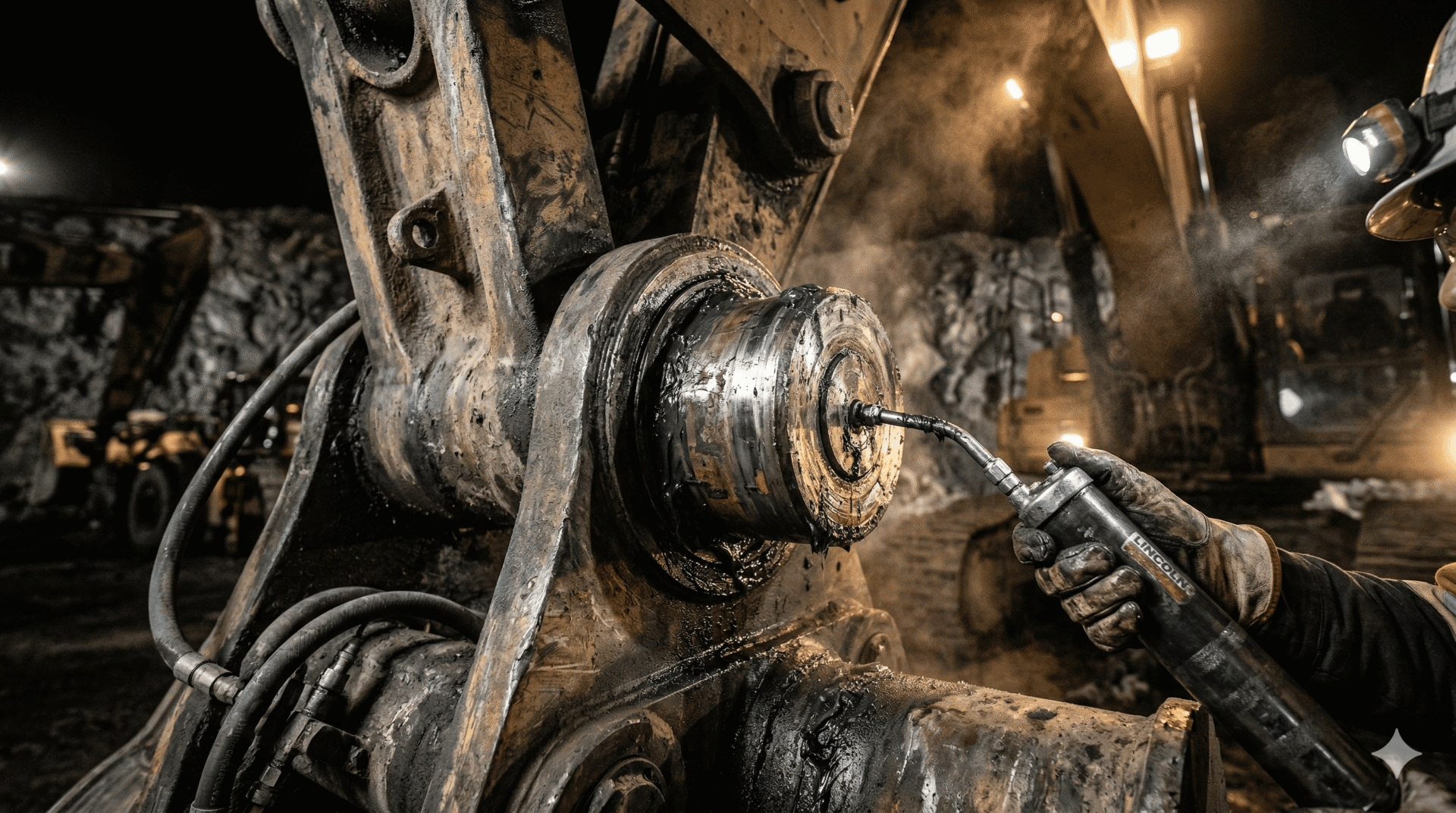 graisse moly appliquée sur pivot d’excavatrice en environnement minier