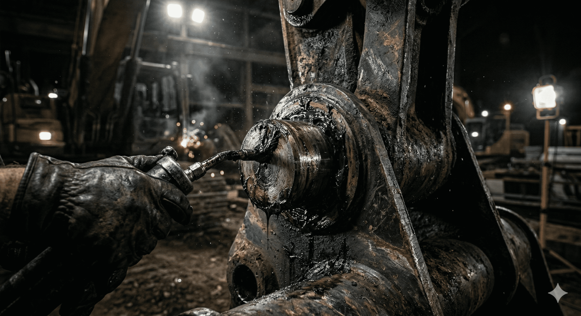 application de graisse au molybdène sur un pin et bushing d’excavatrice en environnement de construction