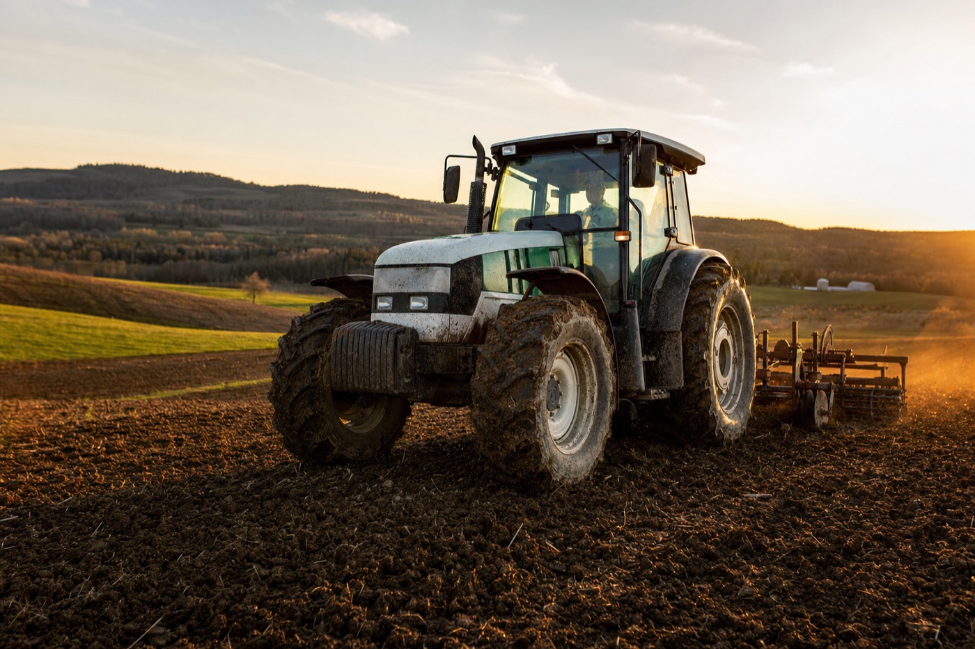 Tracteur agricole au champ au lever du jour au Québec, début de saison