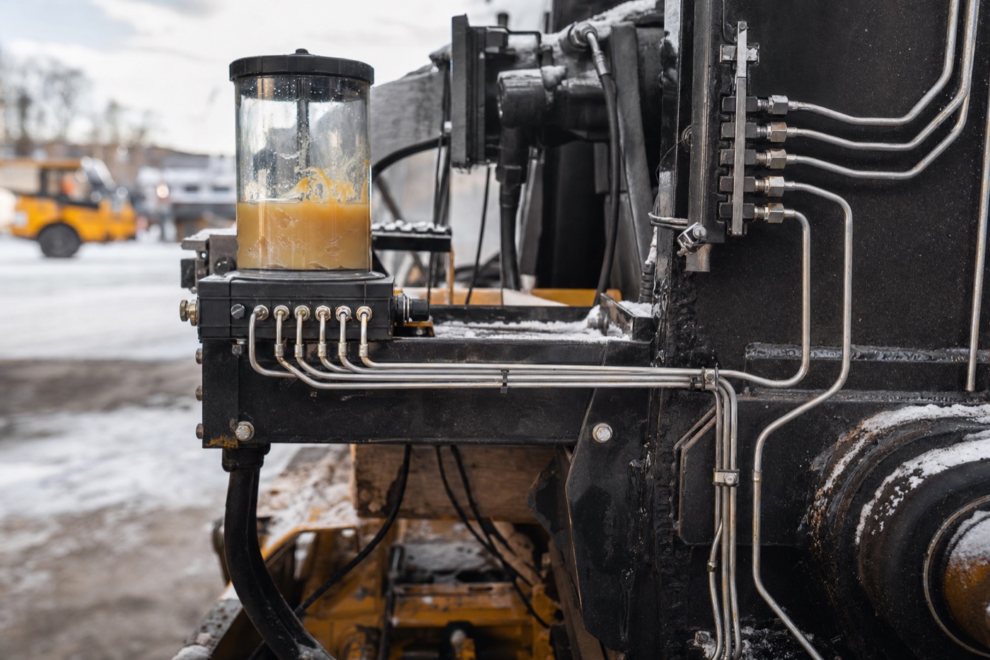 Graisse NLGI 00 pompée par une centrale de lubrification automatique alimentant des lignes de graisse sur de la machinerie lourde, par temps froid au Québec