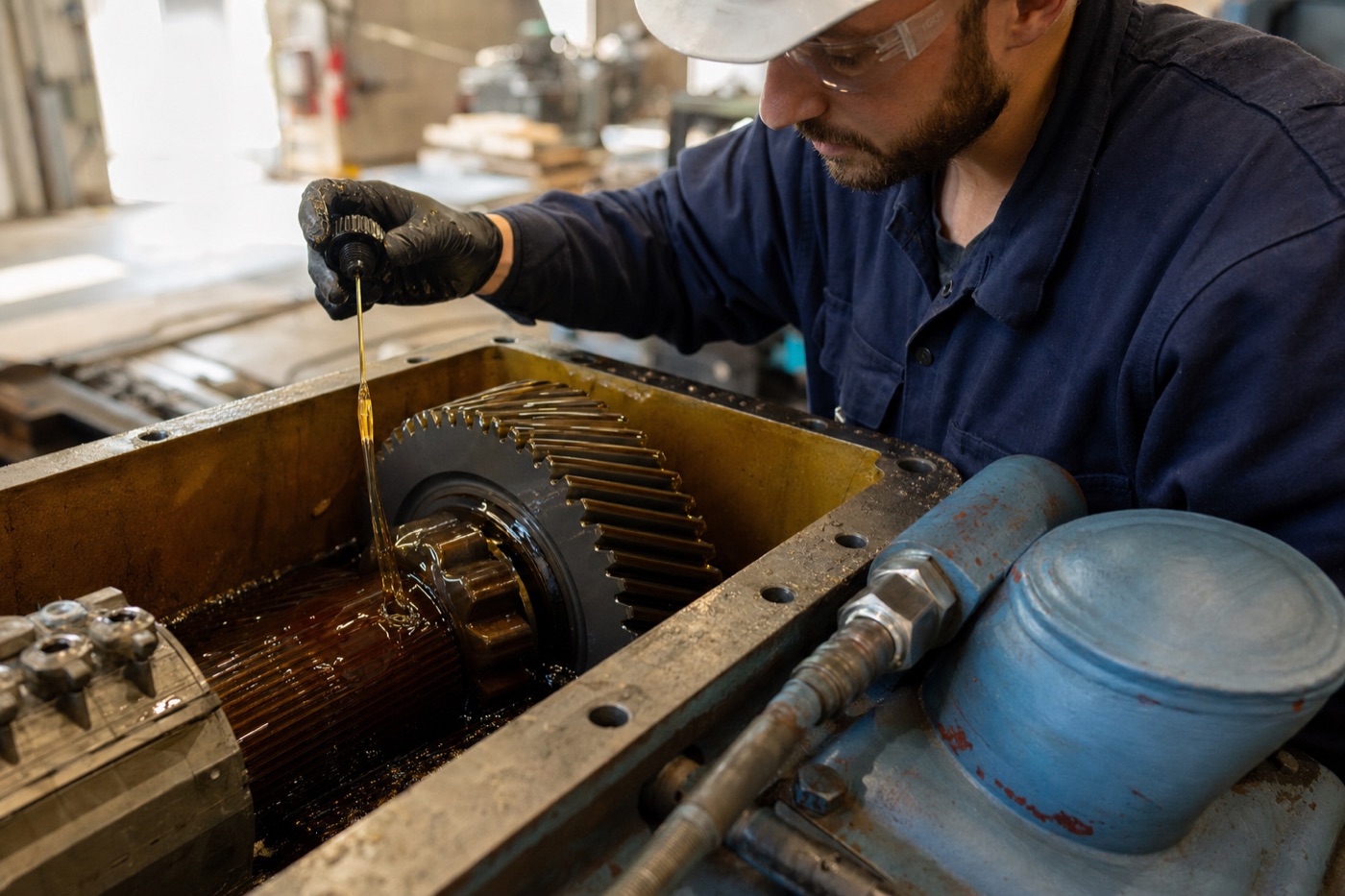 Réducteur industriel ouvert montrant des engrenages hélicoïdaux baignés d’huile à engrenage, avec repère du grade ISO VG
